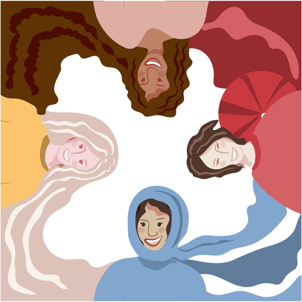 o conceito de meninas felizes de diferentes raças. dia da mulher. eles estão sorrindo. meninas felizes em roupas diferentes. hijabah. cartão ou banner. vetor de estilo simples.