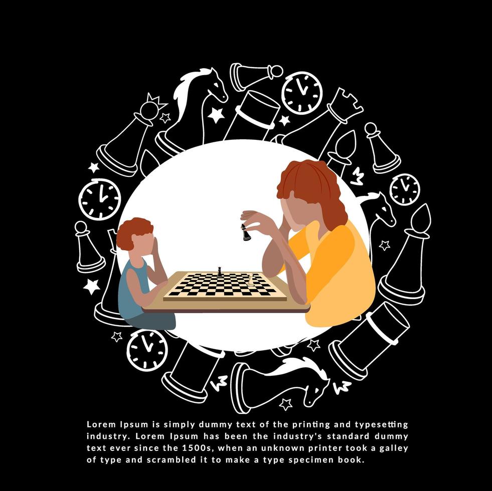 estilo de desenho doodle. um conjunto desenhado à mão de elementos de xadrez. pessoas jogando xadrez. peças empilhadas empilhadas em um círculo. ilustração vetorial isolada para loja de jogos de tabuleiro, loja, competição de jogos. vetor