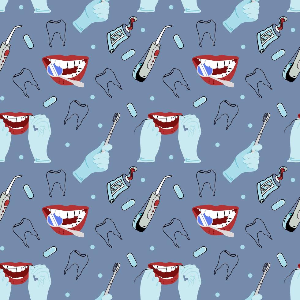 padrão sem emenda de vetor engraçado de dentes saudáveis dos desenhos animados, verificando os dentes no dentista, escovas de dentes, fio dental, creme dental.