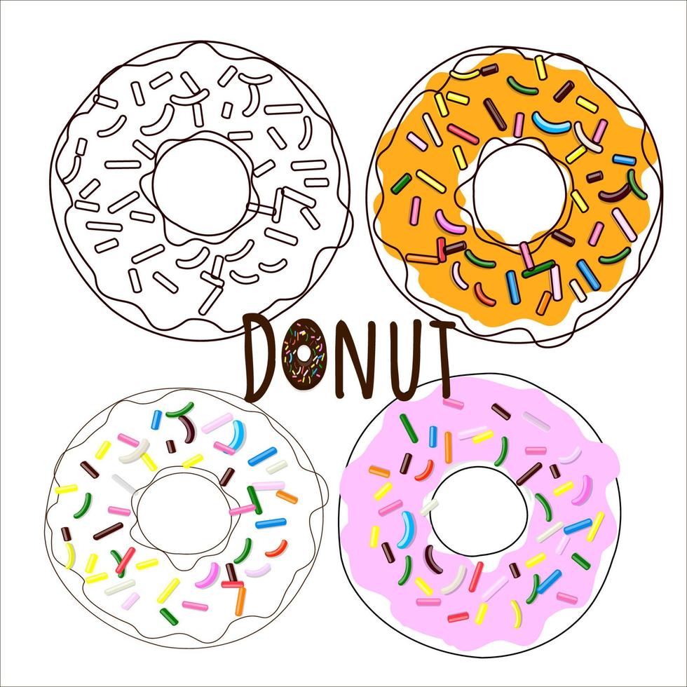 conjunto de rosquinha doce de sobremesa doce americana tradicional em estilo cartoon, isolado em um fundo branco para design de menu, decoração de café, ilustração vetorial vetor