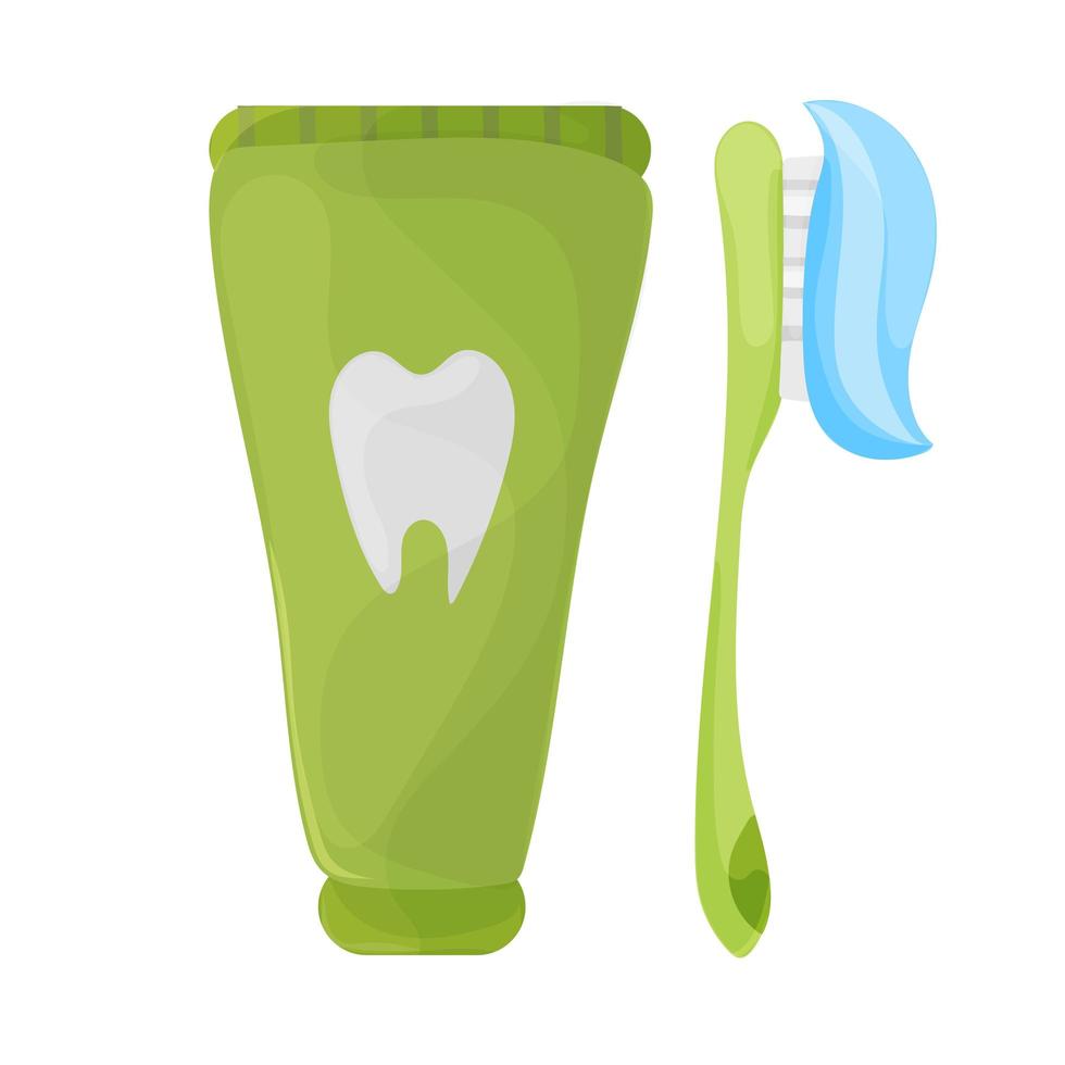 vetor de escova de dentes e creme dental em cores verdes sobre fundo branco