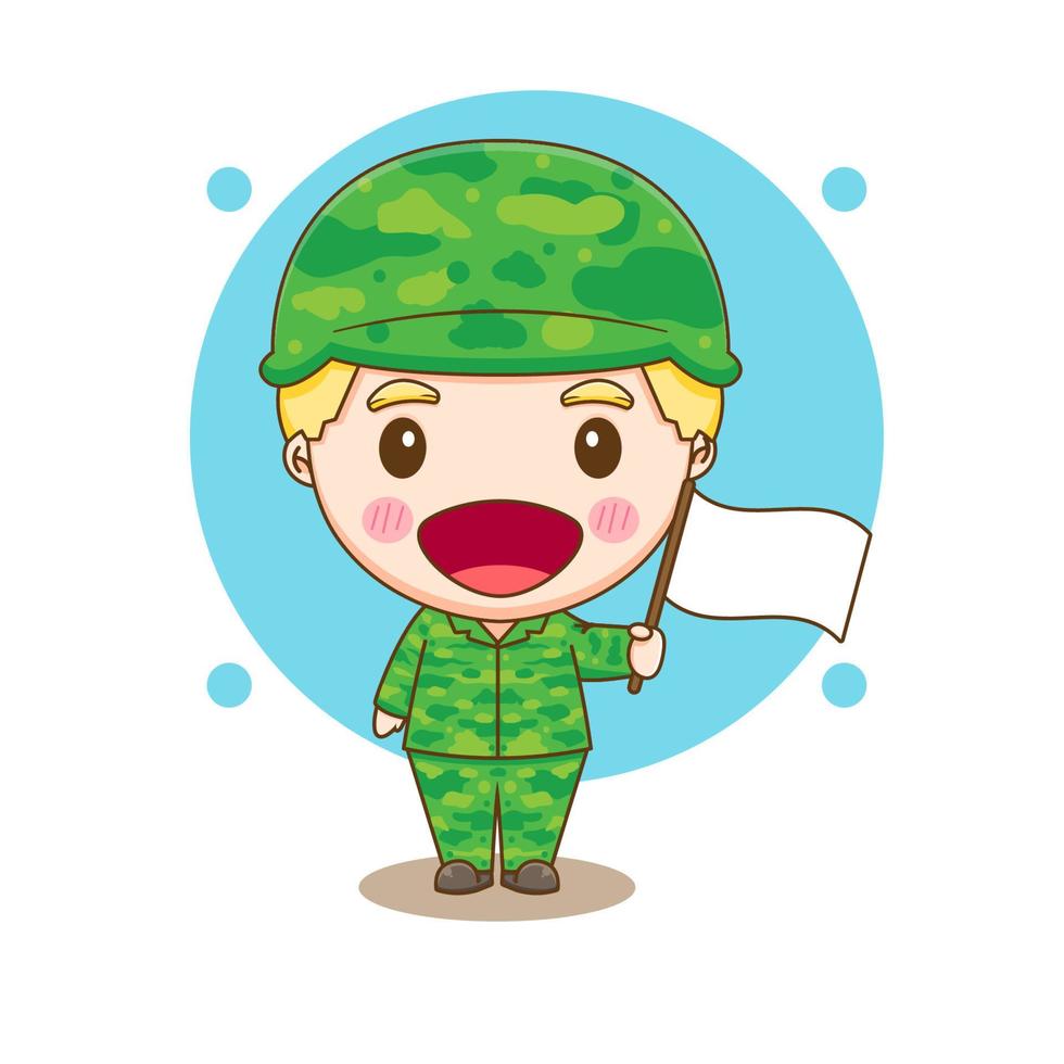 soldado bonito segurando o personagem de desenho animado chibi de bandeira branca vetor