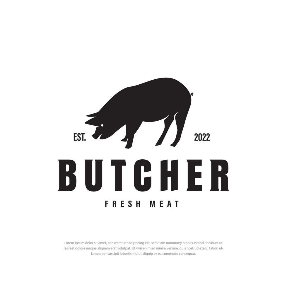 porco de design de logotipo, carne de porco. vintage, retrô para açougue, tipografia de porco, vetor gráfico de design de logotipo de silhueta de porco