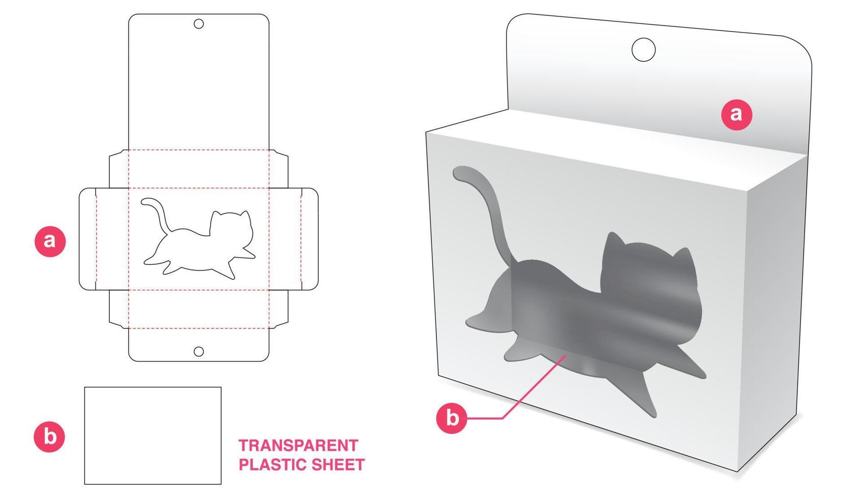 embalagem suspensa de papelão com janela de gato e modelo de corte e vinco de folha de plástico transparente vetor