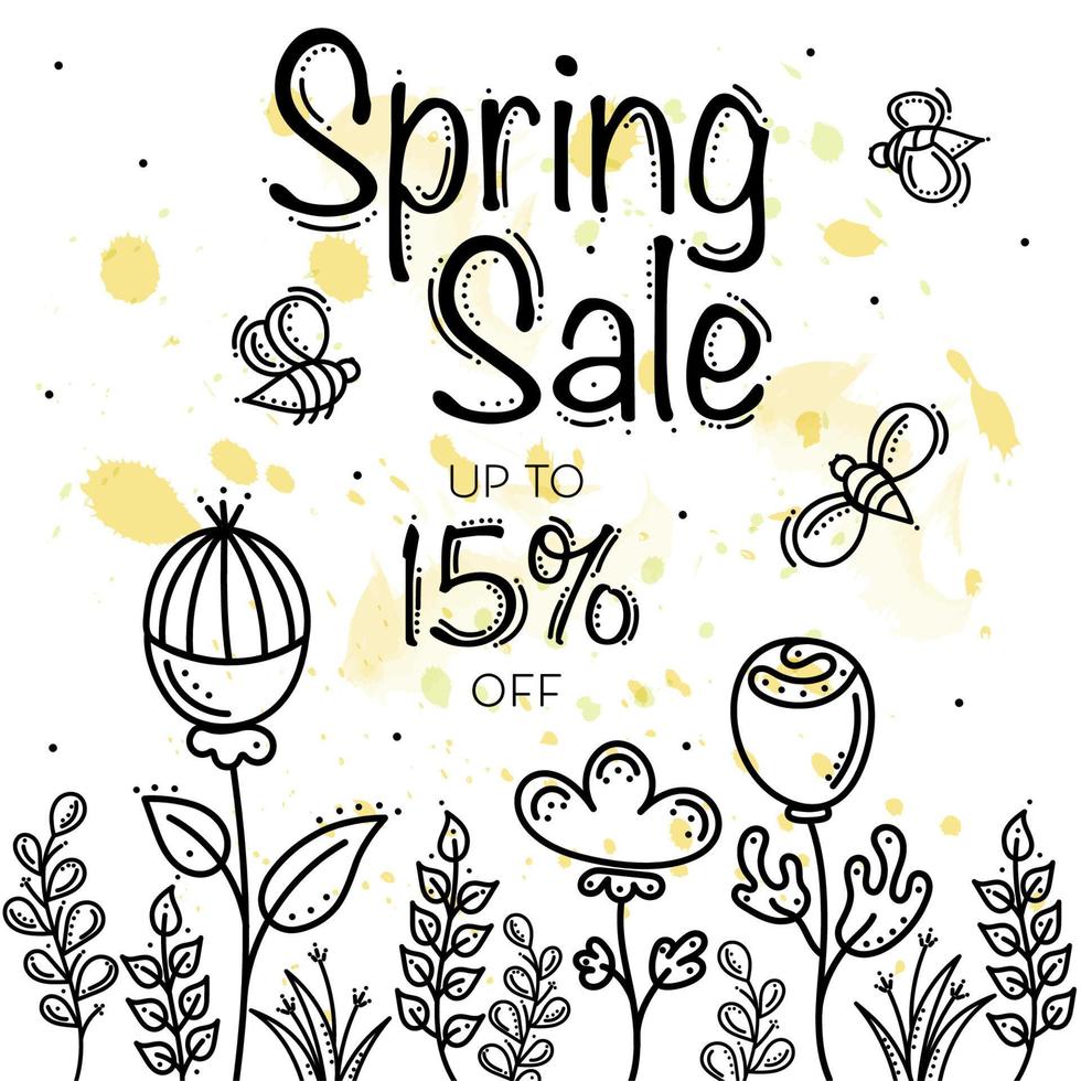 banner de venda de primavera com ervas, flores e abelhas vetor