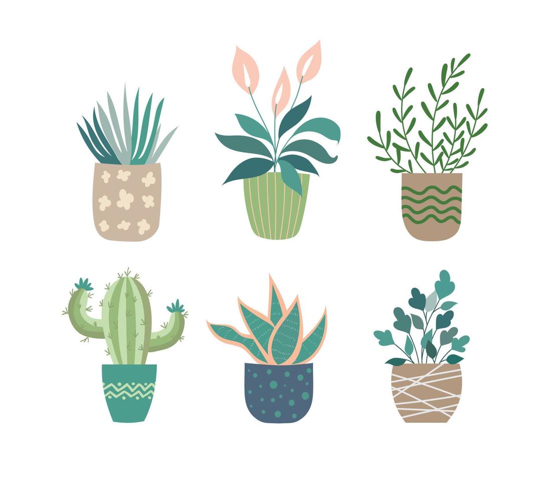 conjunto de plantas verdes em vasos de desenhos animados. diferentes plantas de casa decorativas em vasos para design de interiores vetor