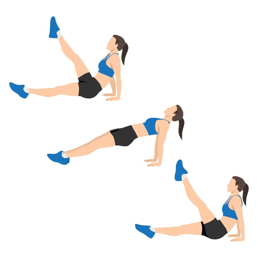mulher fazendo perna de prancha reversa aumenta o exercício. ilustração vetorial plana isolada no fundo branco vetor