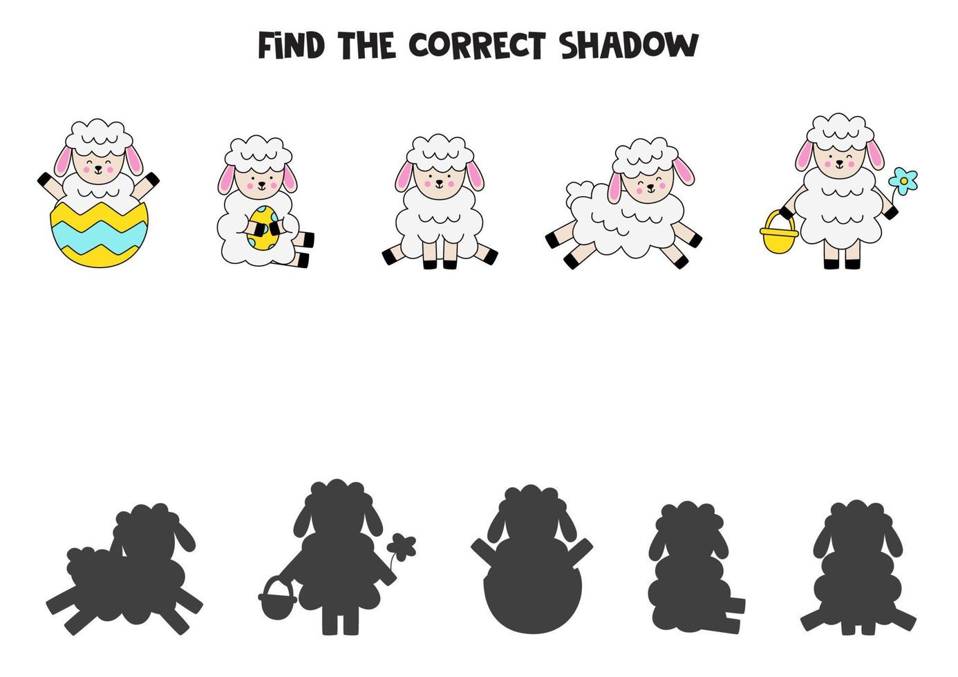 encontre as sombras corretas de cordeiros de páscoa fofos. quebra-cabeça lógico para crianças. vetor