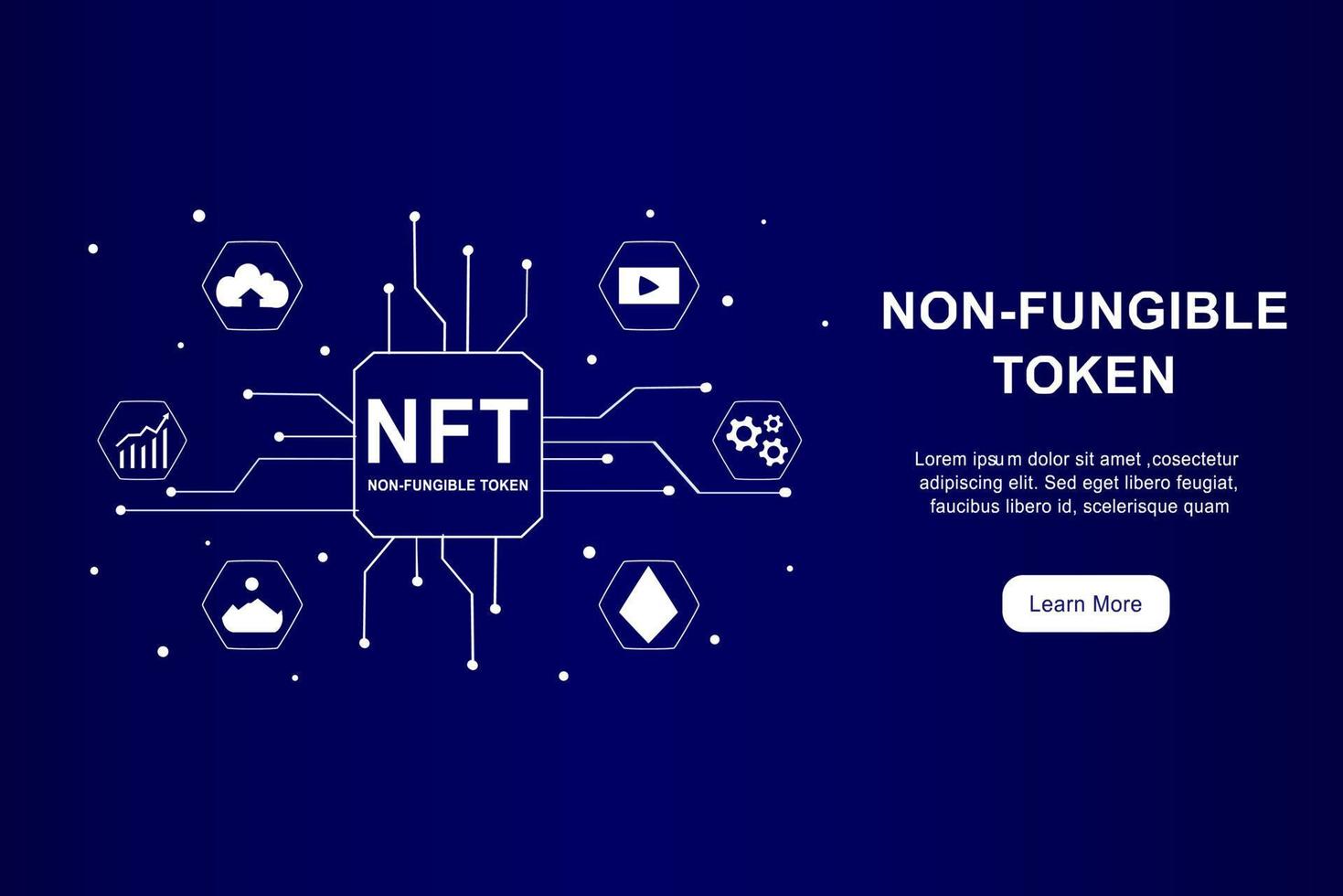 Infográfico de token não fungível nft com rede de linhas e pontos. pague por um colecionável exclusivo em vídeo, jogo, arte. ilustração vetorial isométrica de nft com tecnologia blockchain para web, modelo de banner vetor