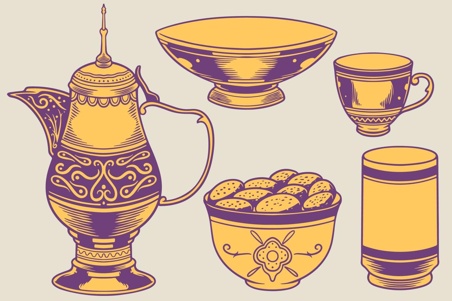 mão desenhada de ornamentos islâmicos com pratos tradicionais árabes vetor