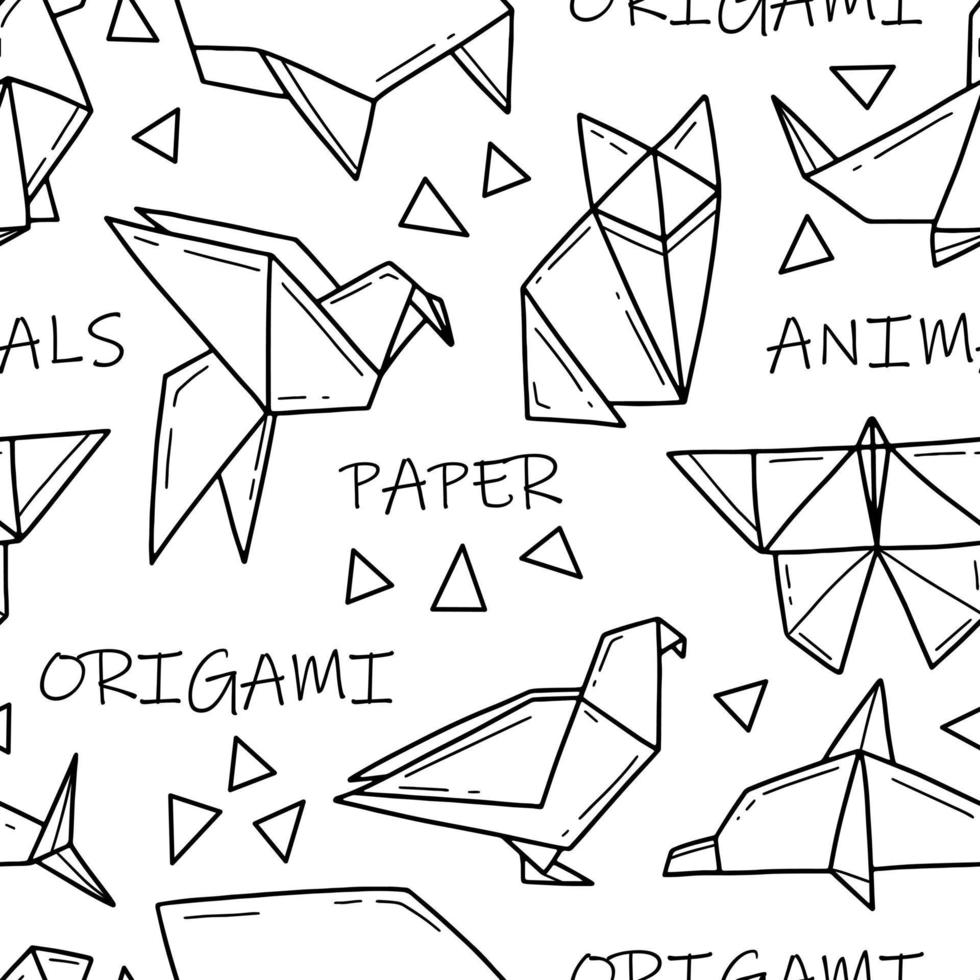 sem costura padrão preto e branco com animais de origami, letras e formas em estilo simples doodle. fundo de ilustração vetorial. vetor