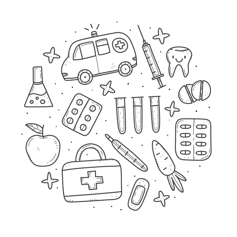 conjunto de itens médicos preto e brancos no estilo doodle, termômetro, seringa, frasco, pílulas. ilustração vetorial doodle. objetos isolados no fundo. vetor