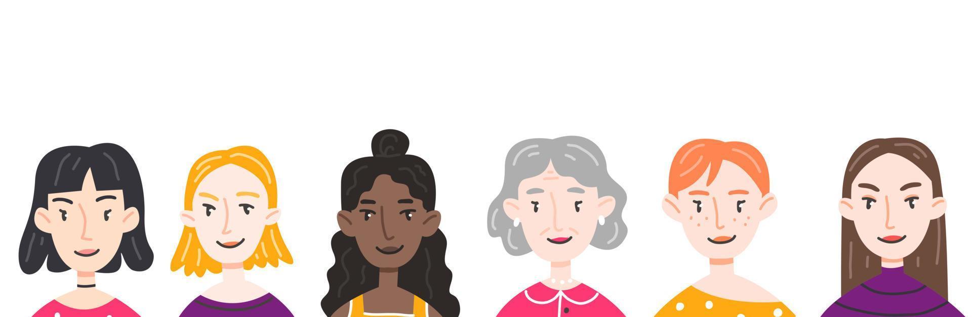 banner com mulheres de diferentes idades e nacionalidades no estilo bonito dos desenhos animados. ilustração vetorial com personagens. vetor