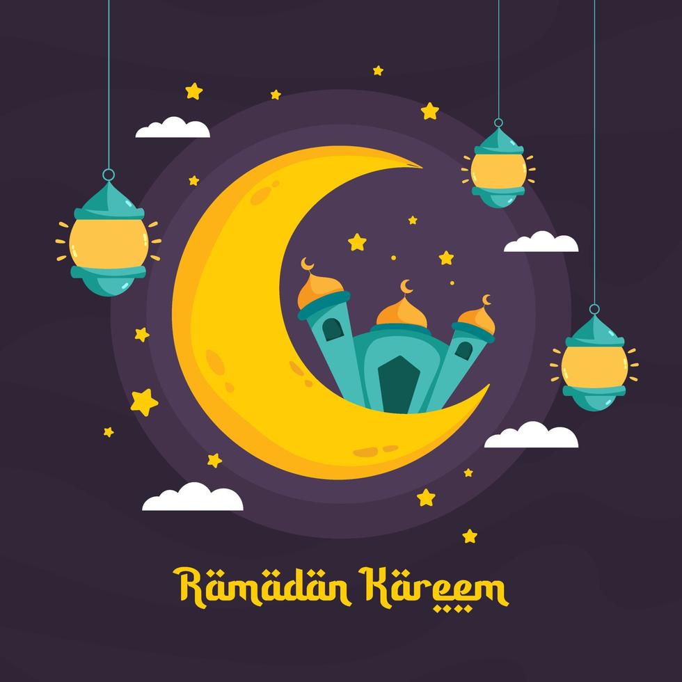 ilustração de ramadan kareem com lua crescente e conceito de mesquita. estilo de desenho animado de design plano vetor