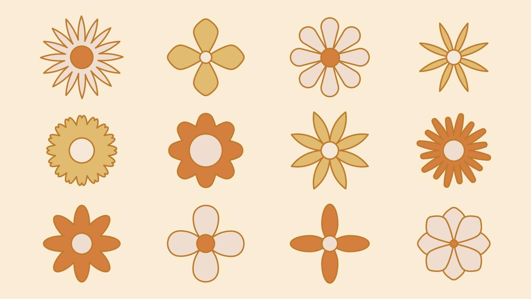 coleção de flores desabrochando simples no estilo hippie psicodélico dos anos 1970. conjunto de adesivos gráficos em design retro. fundo groovy. ilustração vetorial isolada de acidente vascular cerebral editável vetor