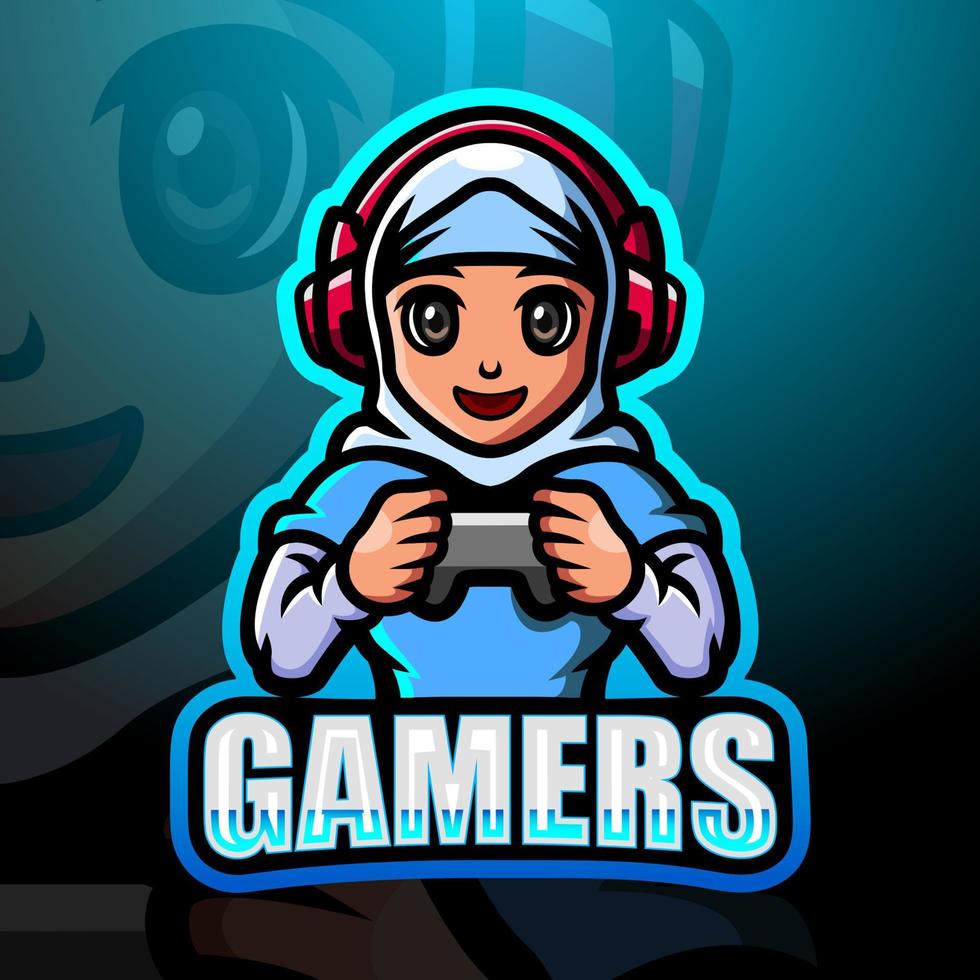 design de logotipo de esport de mascote de garota muçulmana gamer vetor