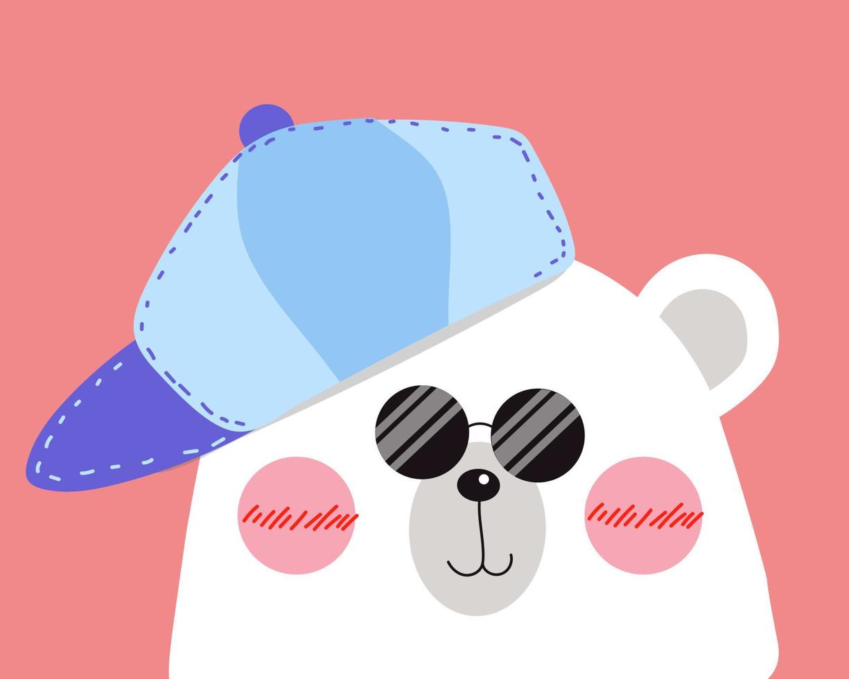 kawaii urso polar branco está olhando para você com um sorriso feliz, boné azul e óculos de sol no rosto. vetor