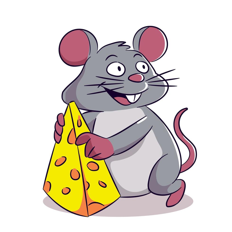 rato bonito segurando desenho de queijo desenho fundo branco isolado vetor