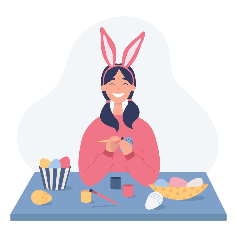 uma garota pintando ovos de páscoa. garota usando orelhas de coelho no dia de páscoa. ilustração vetorial plana em um fundo branco. vetor
