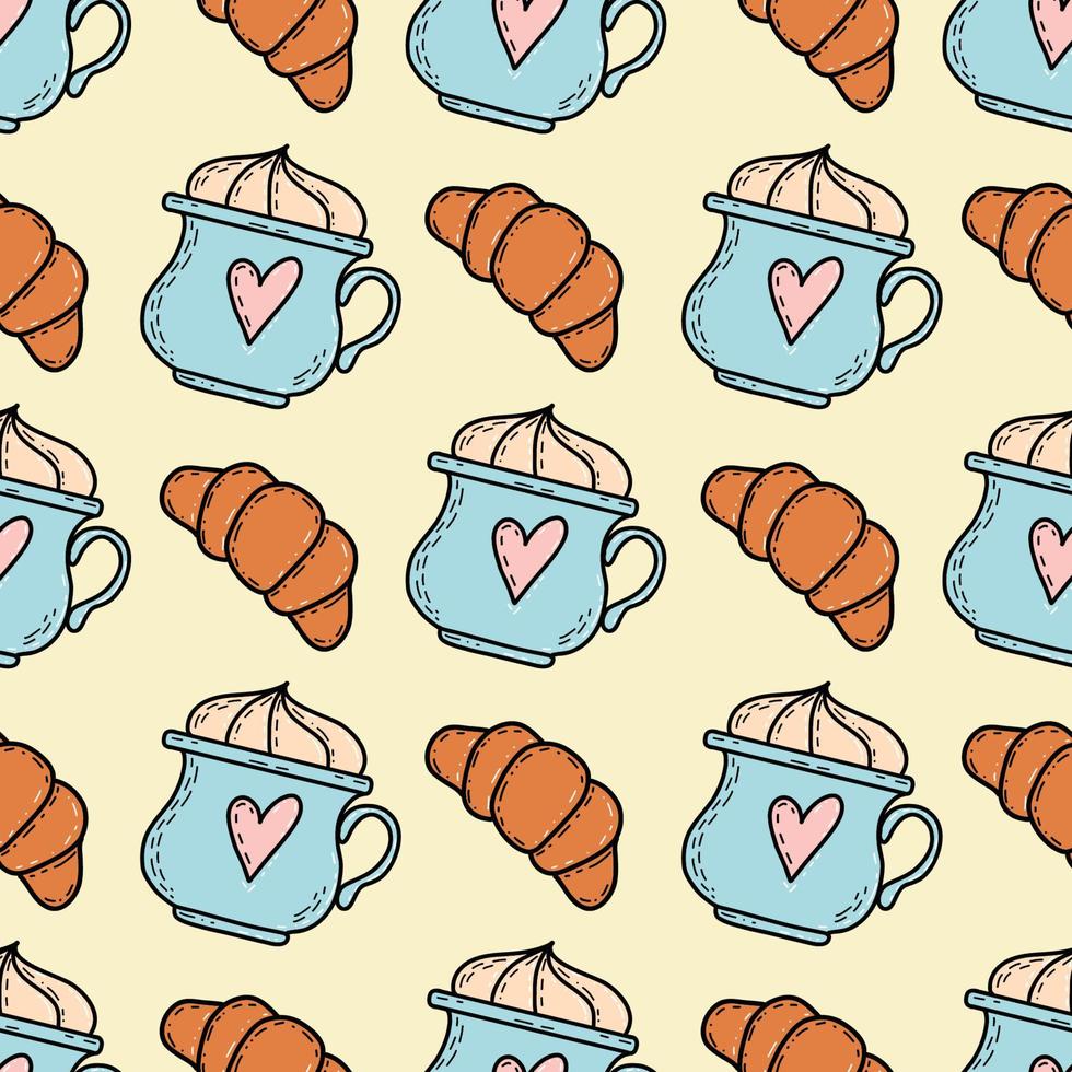 padrão vetorial sem costura com xícaras de café fofas e ilustração de desenhos animados de croissants com coração divertido vetor