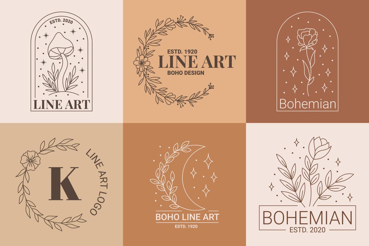 conjunto de logotipo esotérico boho místico doodle. ícone de arte de linha mágica com cogumelo, guirlanda floral, rosa, lua, folha vetor