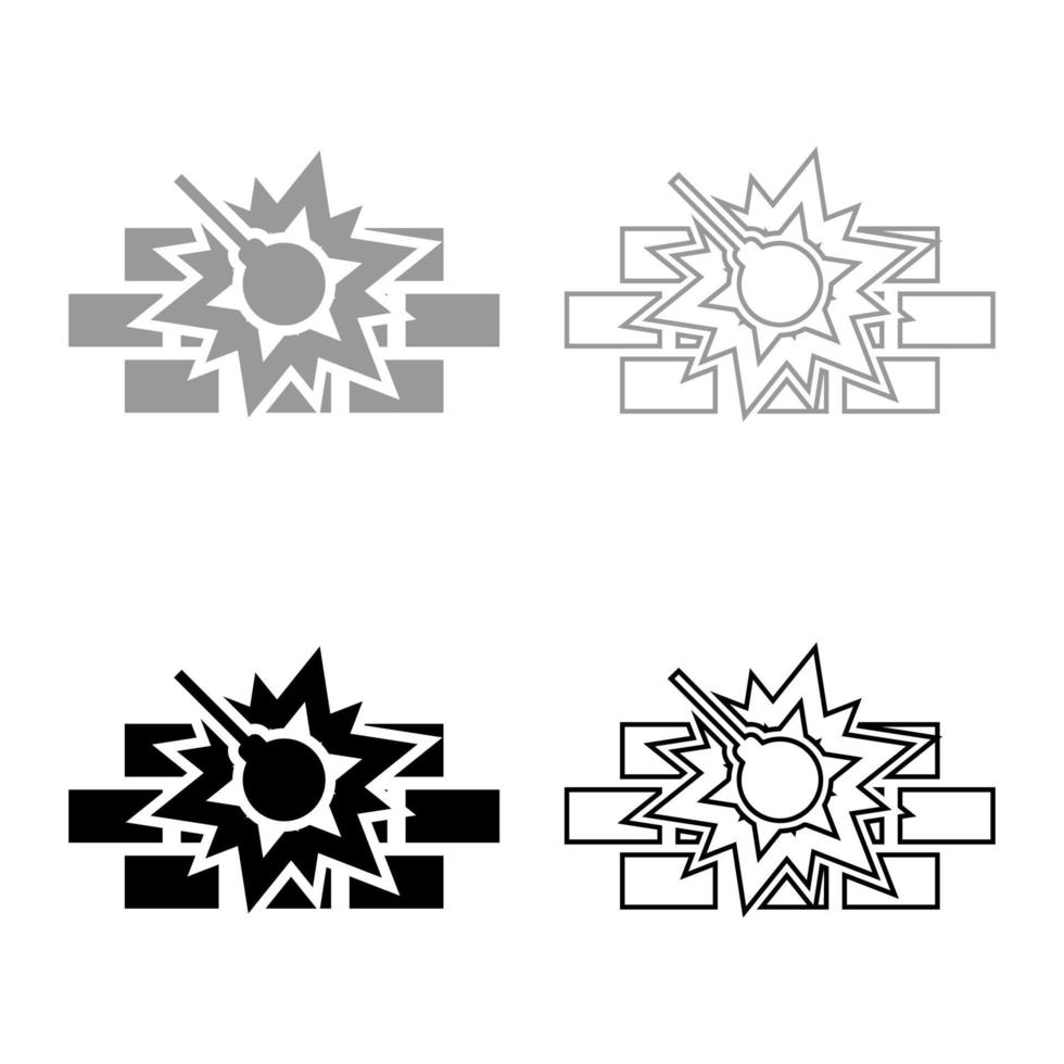 trabalhando demolir a máquina na construção civil, destruindo a parede de tijolos com bola de metal, destruindo a casa, concebendo a casa, o contorno do ícone, definido, preto, cinza, ilustração vetorial, imagem de estilo plano vetor