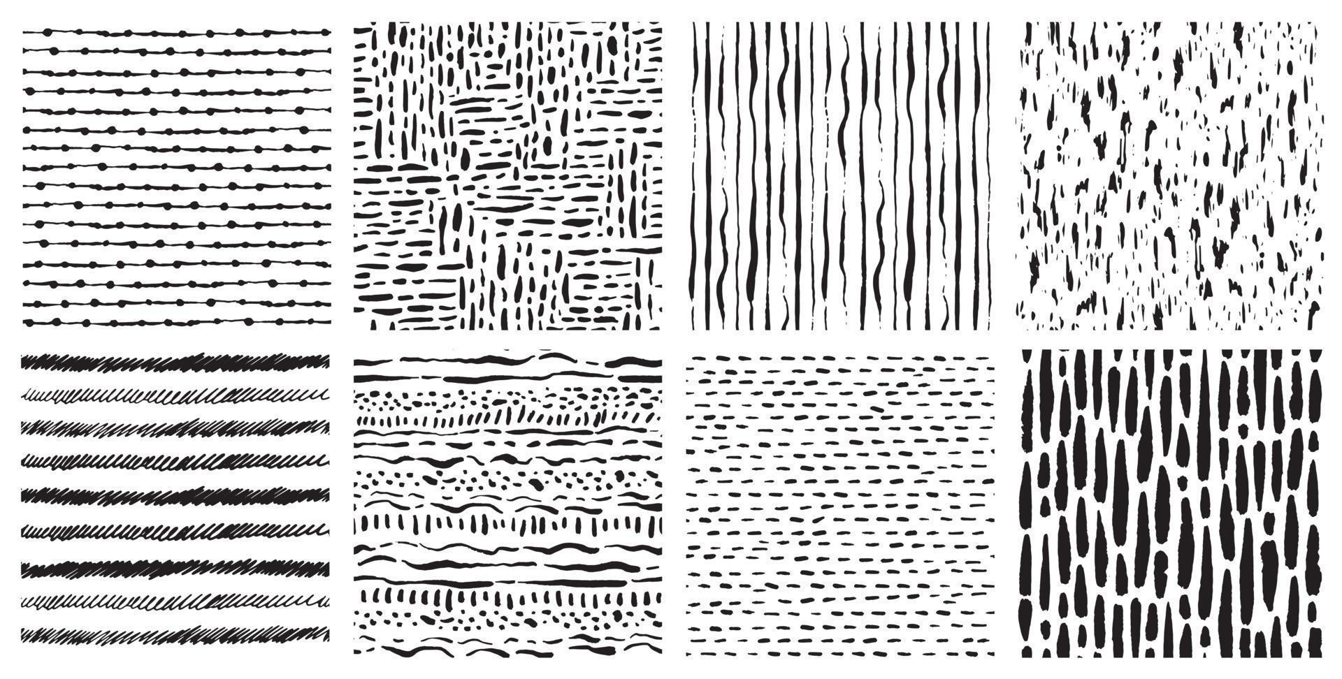 conjunto de padrão vetorial desenhado à mão com pinceladas de tinta, rabiscos e marcas de pincel. texturas sem costura e fundos abstratos em preto e branco. vetor