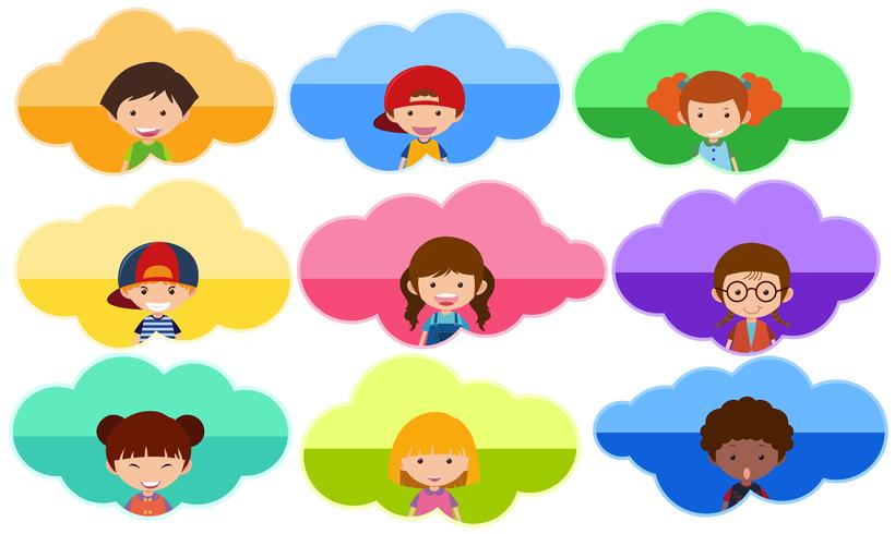 Nove modelo de etiqueta com crianças felizes em cores de fundo vetor
