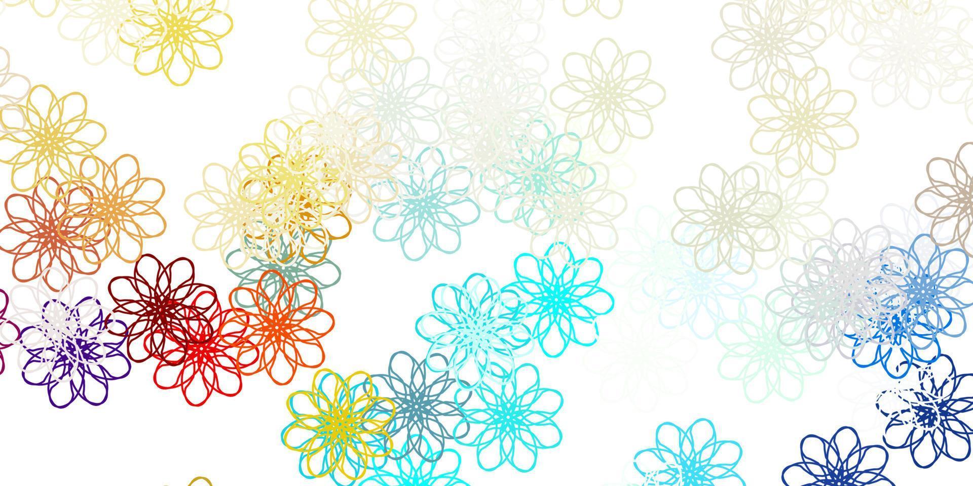 modelo de doodle de vetor azul e amarelo claro com flores.