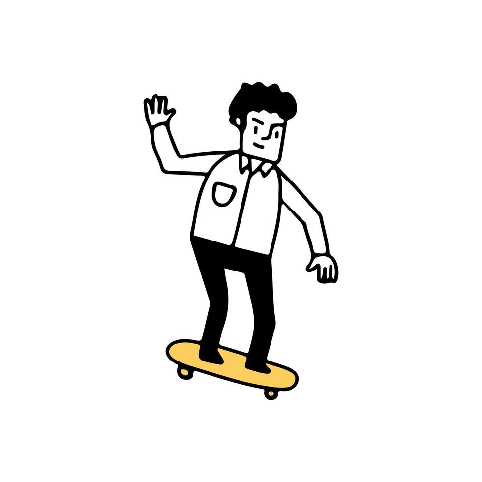 ilustração de um empresário andando de skate, estilo de doodle de ilustração vetorial desenhada à mão vetor