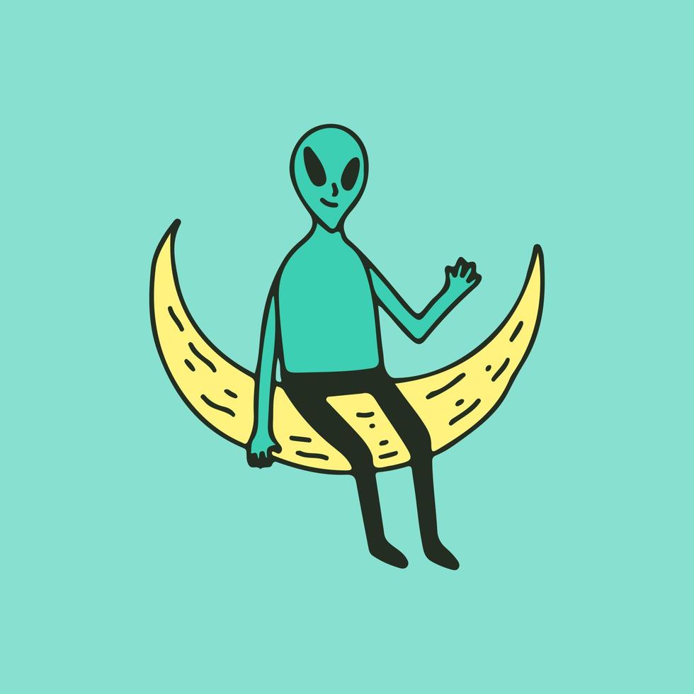 personagem alienígena sentado na lua, ilustração para t-shirt, adesivo ou mercadoria de vestuário. com estilo cartoon retrô. vetor