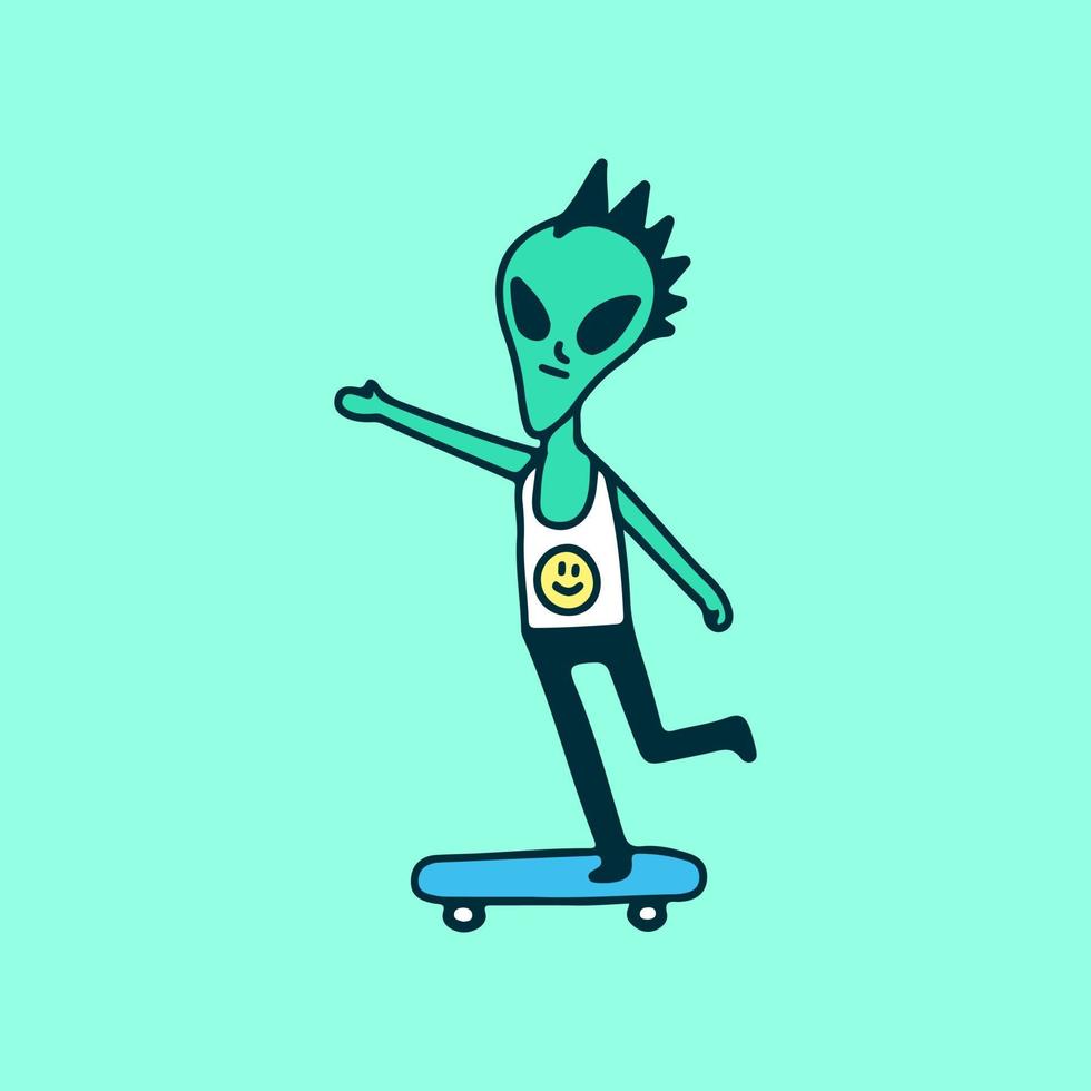 alienígena punk andando de skate, ilustração para camiseta, adesivo ou mercadoria de vestuário. com doodle, pop suave e estilo cartoon. vetor