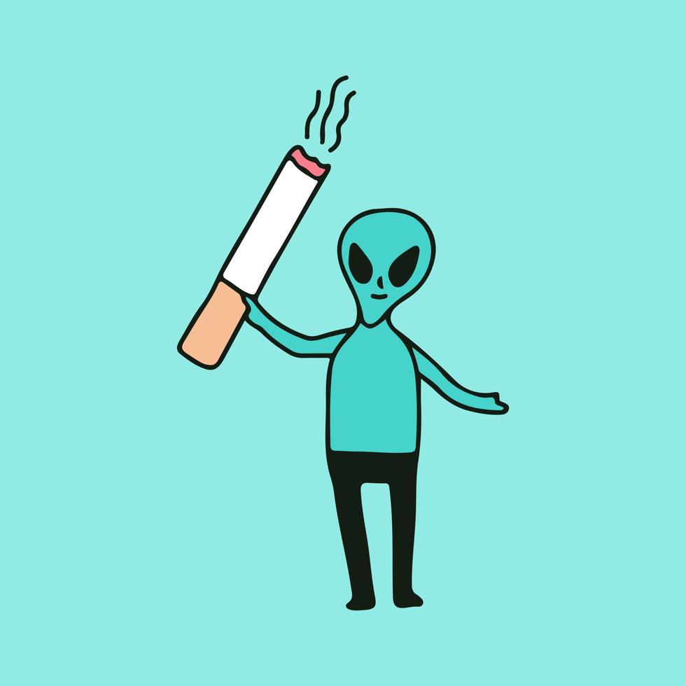 personagem alienígena com cigarro, ilustração para t-shirt, adesivo ou mercadoria de vestuário. com estilo cartoon retrô. vetor