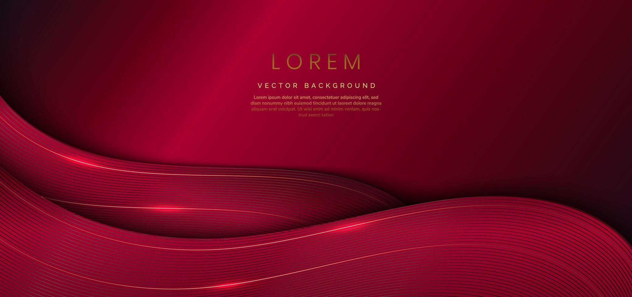 3d modelo de luxo moderno elegante forma de onda de cor vermelha escura sobreposta e linha curva dourada sobre fundo azul escuro. vetor