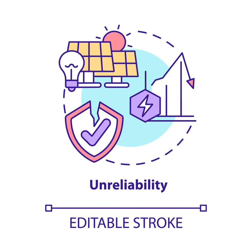 ícone do conceito de falta de confiabilidade. energia renovável desvantagem idéia abstrata ilustração de linha fina. dependência das condições atmosféricas. desenho de cor de contorno isolado de vetor. traço editável vetor