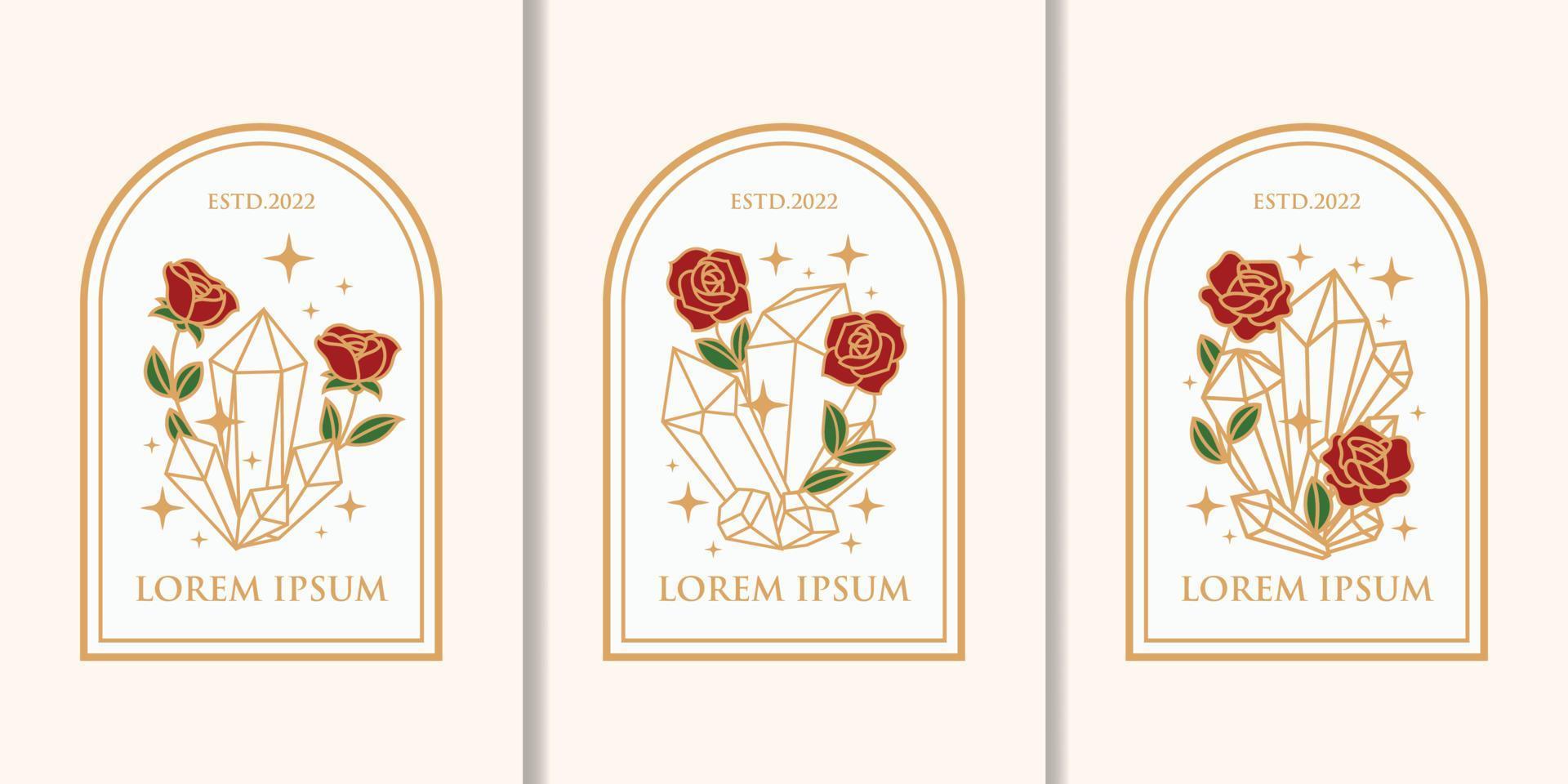 flor rosa desenhada à mão vintage e logotipo de beleza feminina de cristal vetor