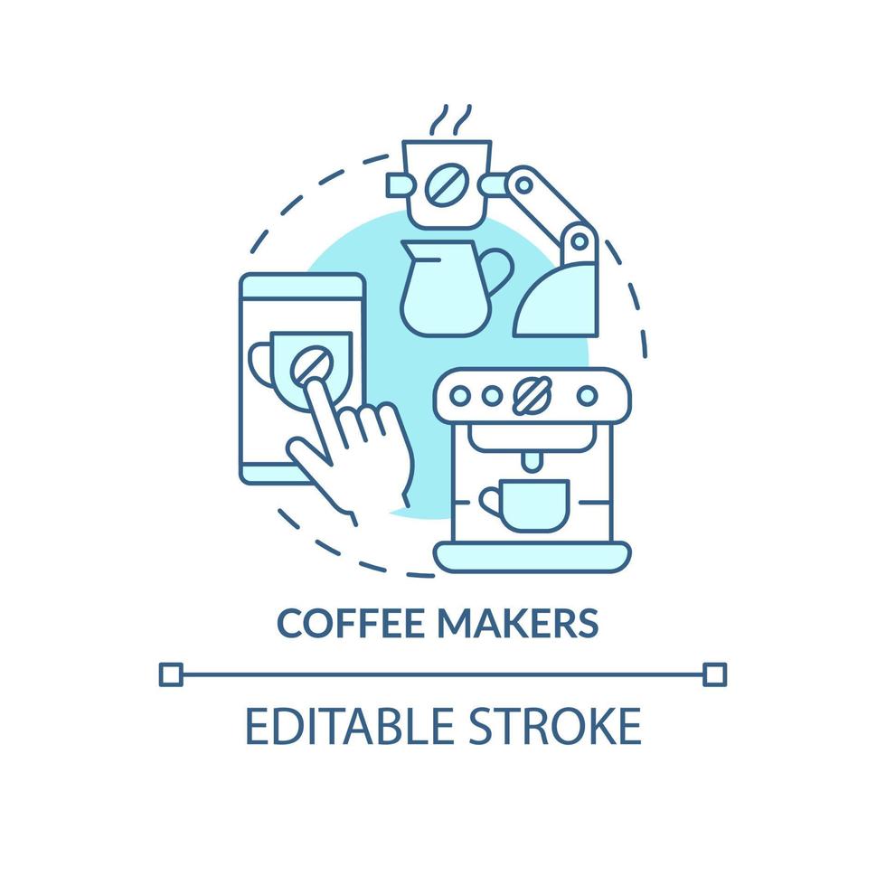 ícone de conceito azul de cafeteira. dispositivos automatizados domésticos. ilustração de linha fina de idéia abstrata de automação diária. desenho de contorno isolado. traço editável. roboto-medium, inúmeras fontes pró-negrito usadas vetor