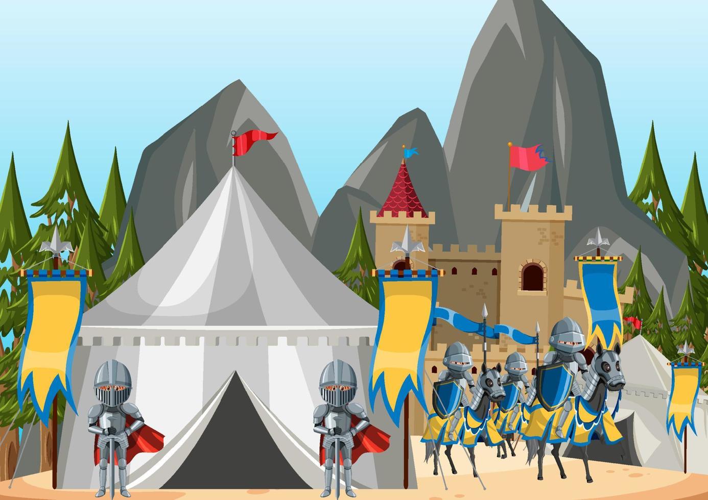 cena de acampamento do exército medieval com cavaleiros vetor