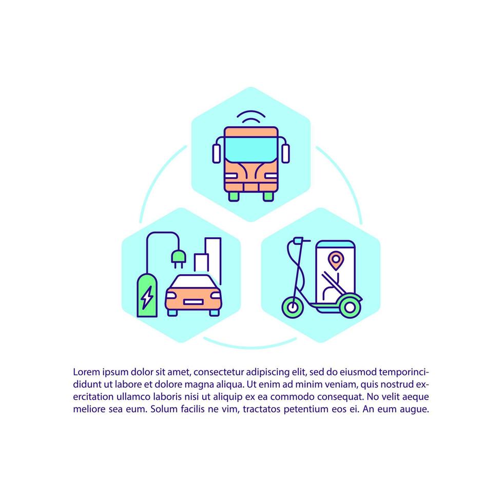 ícones de linha de conceito de transporte público alternativo com texto. modelo de vetor de página ppt com espaço de cópia. brochura, revista, elemento de design de boletim informativo. ilustrações lineares de emissão zero em branco