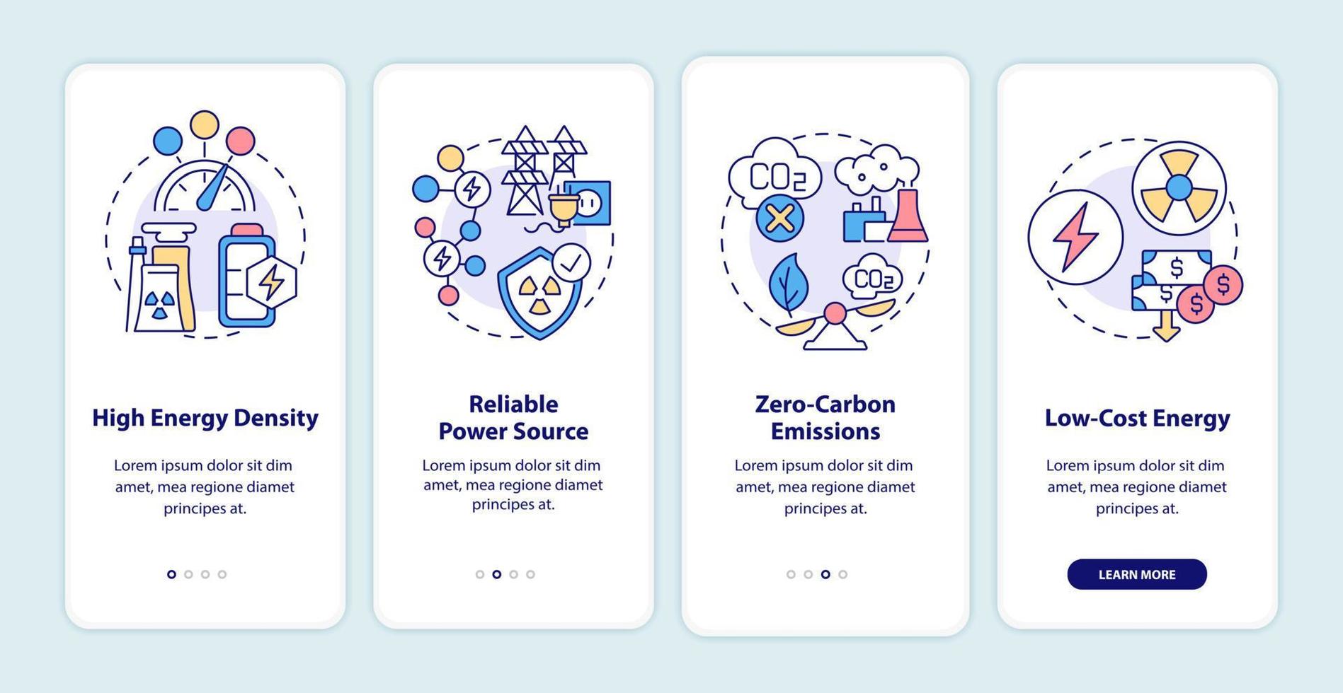 vantagens da energia nuclear na tela da página do aplicativo móvel. fonte de alimentação confiável passo a passo 4 etapas instruções gráficas com conceitos. modelo de vetor ui, ux, gui com ilustrações coloridas lineares