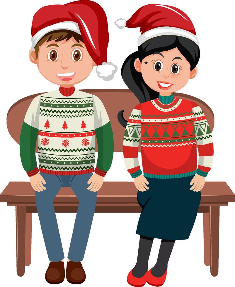 casal homem e mulher vestindo roupas de natal sentado em um banco vetor