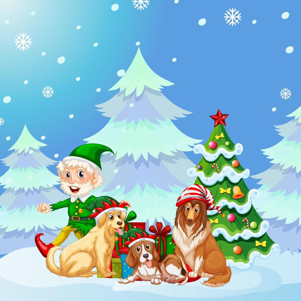 design de cartaz de natal com elfo e cães vetor