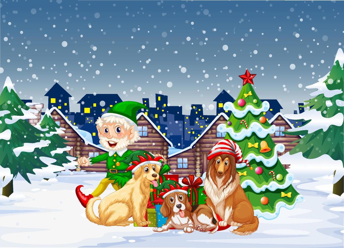cena de noite de neve com personagens de desenhos animados de natal vetor