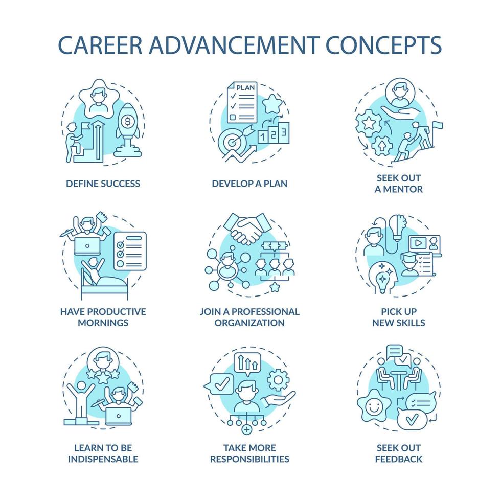 Conjunto de ícones de conceito azul de avanço de carreira. melhoria no trabalho. funcionário de sucesso. ilustração de cores de linha fina de ideia de desenvolvimento profissional. desenhos de contorno isolado de vetor. traço editável vetor