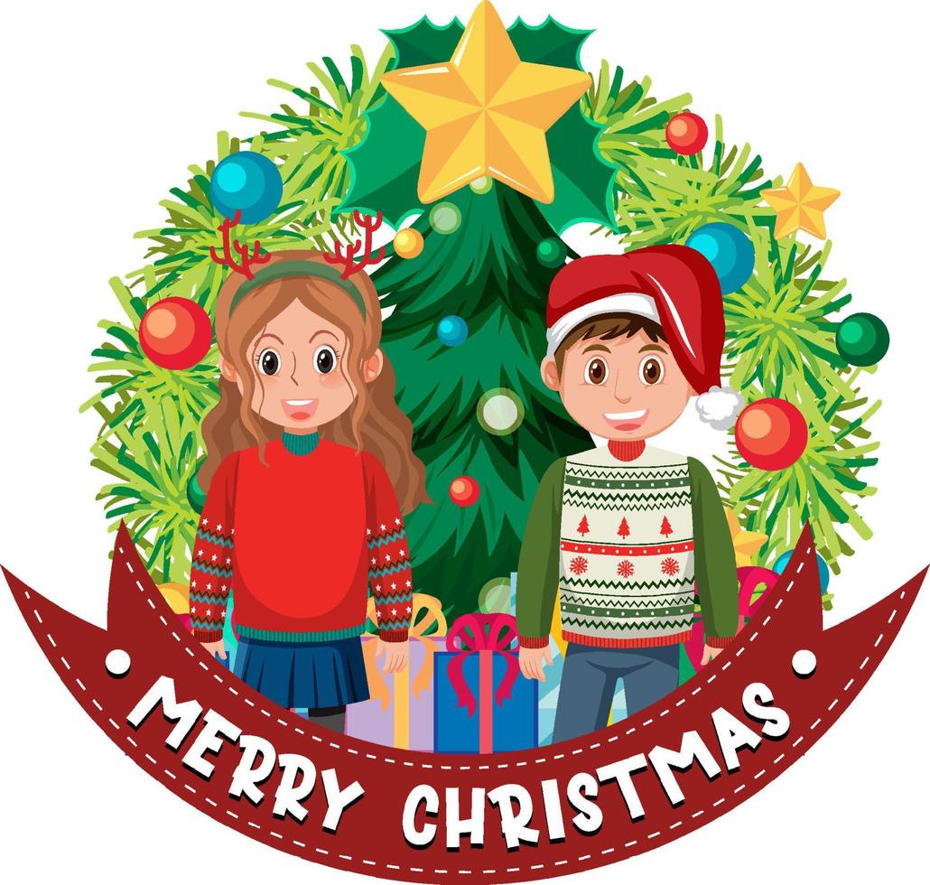 banner de guirlanda de natal com casal menino e menina vetor