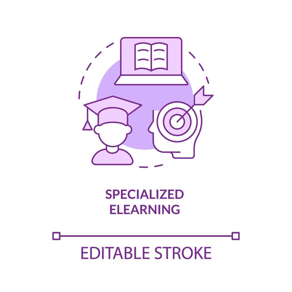 ícone de conceito roxo elearning especializado. treinamento on-line para ilustração de linha fina de ideia abstrata de funcionários. desenho de contorno isolado. traço editável. roboto-medium, inúmeras fontes pró-negrito usadas vetor