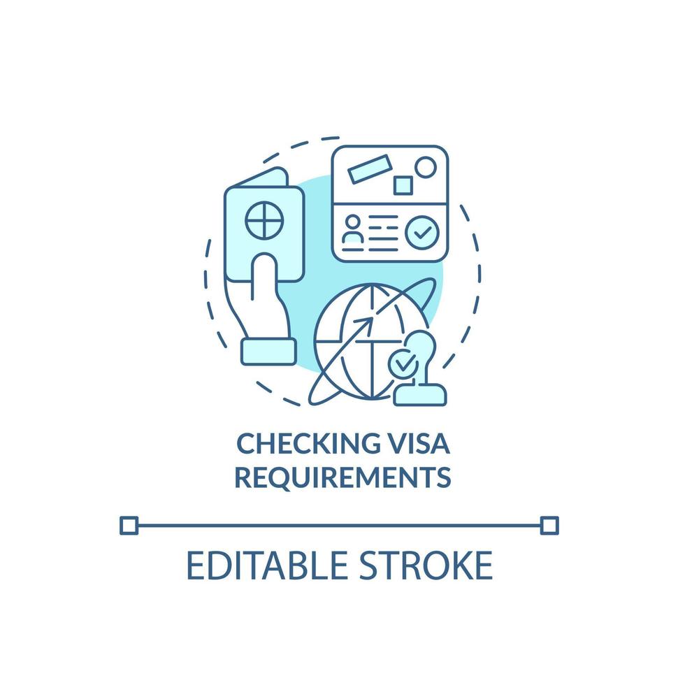 verificando o ícone do conceito azul de requisitos de visto. coisas a considerar ao mover a ilustração de linha fina de ideia abstrata. autorização de residência no exterior. desenho de cor de contorno isolado de vetor. traço editável vetor