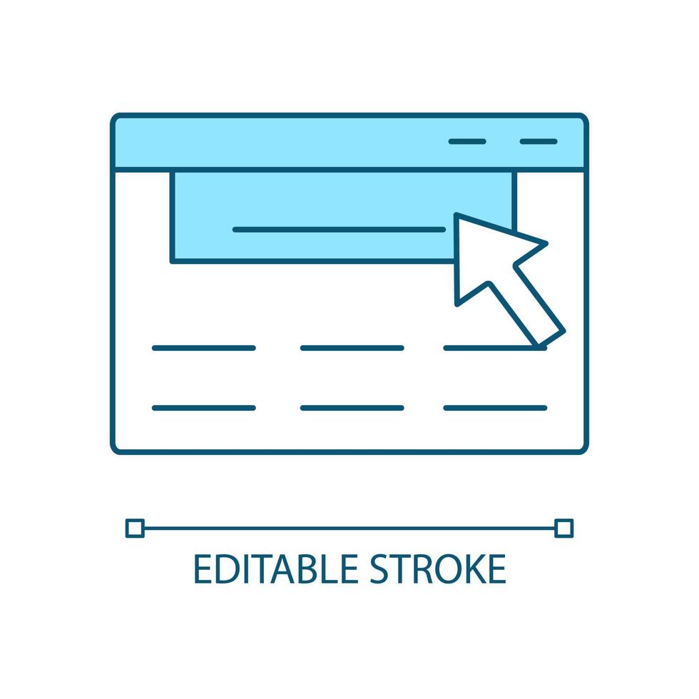 ícone de cor rgb da página da web. programa e janela do navegador. ciberespaço. tela e cursor. interface do computador. ilustração vetorial isolado. desenho de linha preenchido simples. traço editável. fonte arial usada vetor