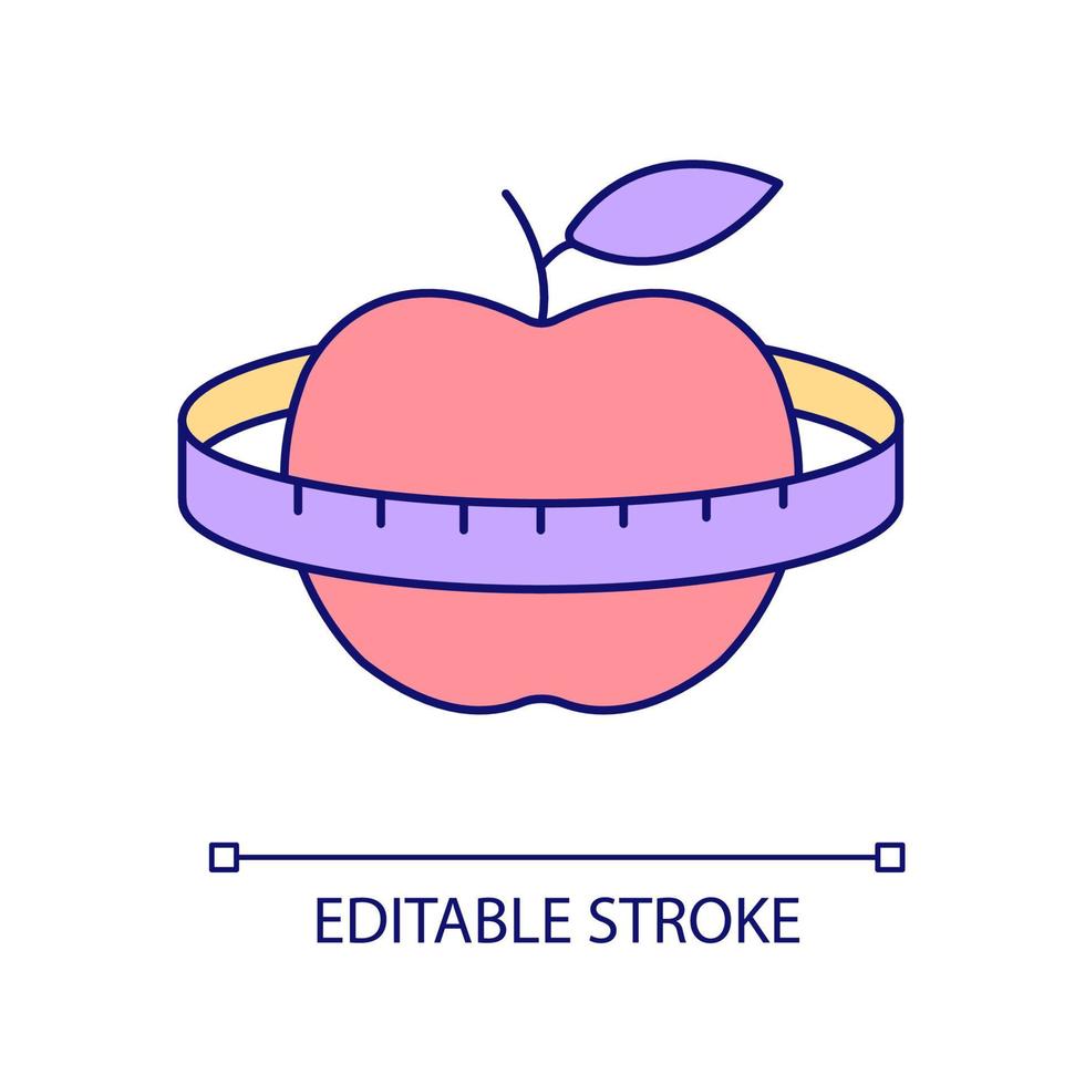 ícone de cor rgb de produtos alimentares dietéticos. dieta de controle de peso. fruta refrescante e suculenta. alimentos com baixo teor de gordura. maçã. fita métrica. ilustração vetorial isolado. desenho de linha preenchido simples. traço editável vetor