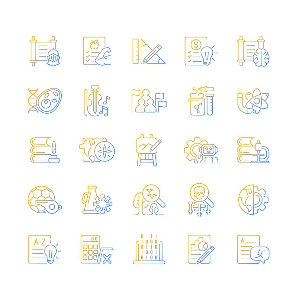 conjunto de ícones de vetor linear gradiente de disciplinas escolares. aprendizagem de ciências humanas e aplicadas. Educação Física. pacote de símbolos de contorno de linha fina. coleção de ilustrações de contorno isolado